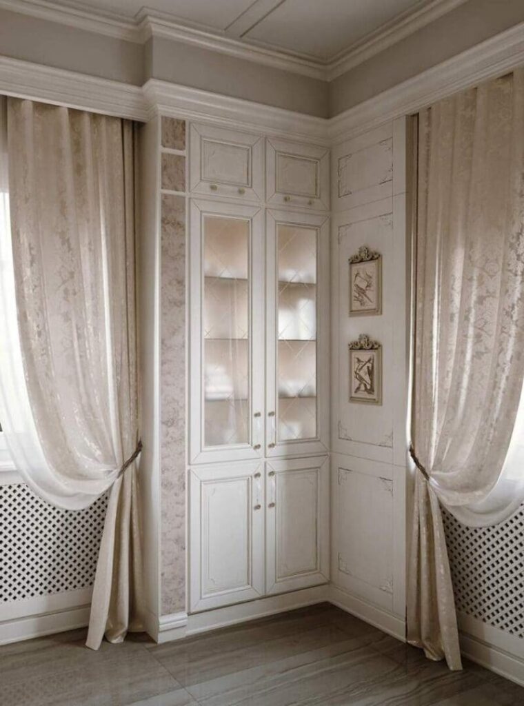 Elegant corner cabinet and curtains