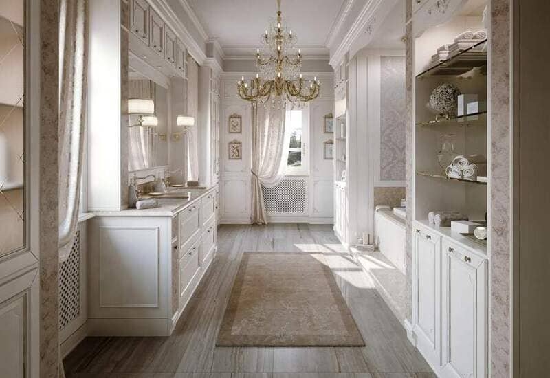 Lusso bathroom with chandelier