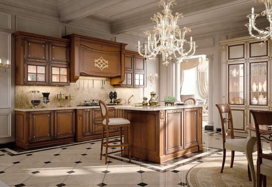 Luxurious kitchen with chandeliers