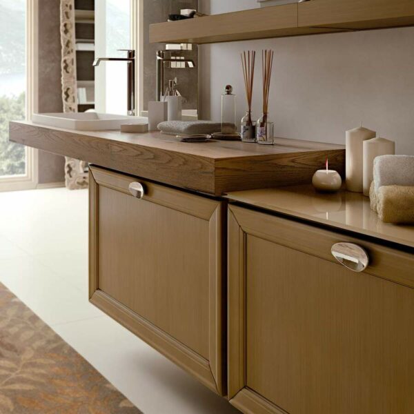 Modern bathroom with wooden cabinets