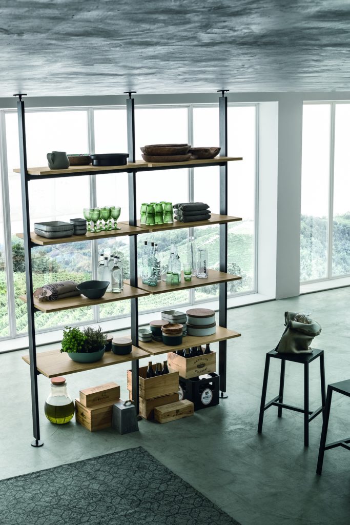 Modern kitchen shelves and stool