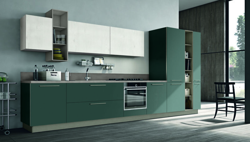 Modern kitchen with green cabinets