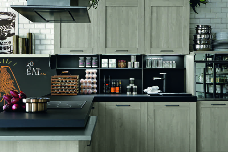 Modern kitchen with storage shelves