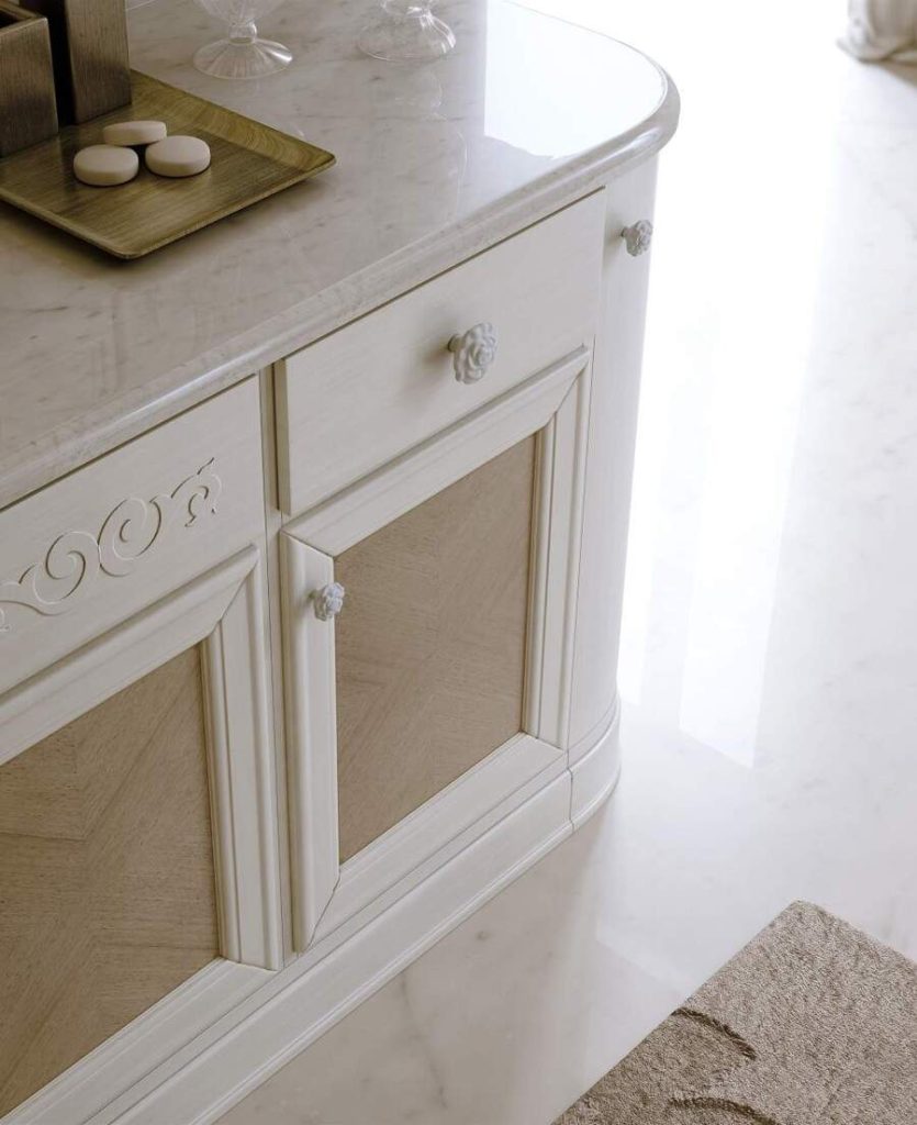 White cabinet with marble top