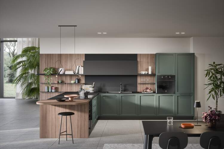 Modern kitchen with green cabinets