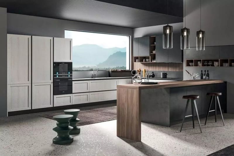 Modern kitchen with mountain view