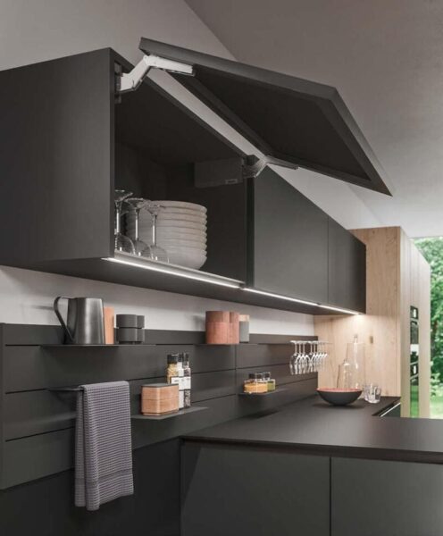 Modern kitchen with open cabinet