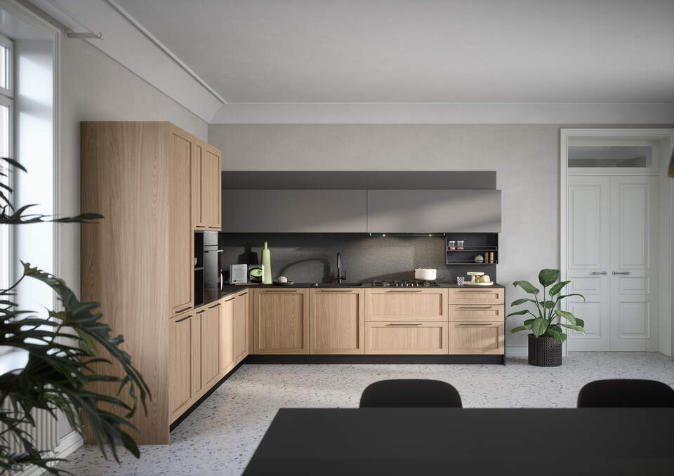 Modern kitchen with wooden cabinets